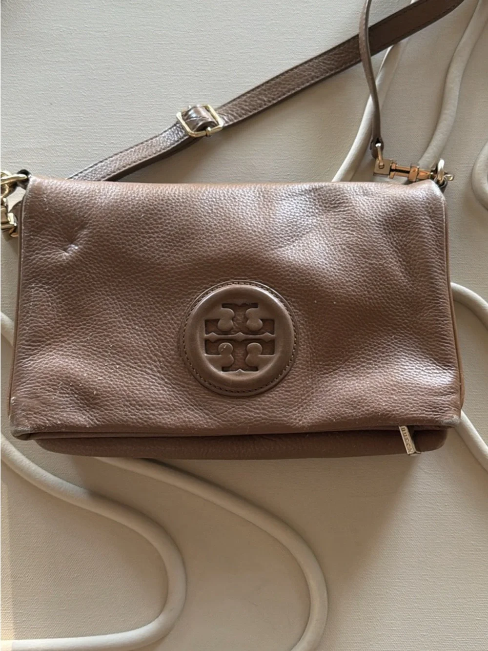 Tory Burch Taupe Pebbled Leather Crossbody